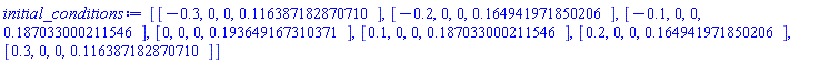 [[-.3, 0, 0, .116387182870710], [-.2, 0, 0, .164941971850206], [-.1, 0, 0, .187033000211546], [0, 0, 0, .193649167310371], [.1, 0, 0, .187033000211546], [.2, 0, 0, .164941971850206], [.3, 0, 0, .116387182870710]]