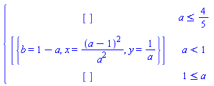 piecewise(a <= 4/5, [], a < 1, [{b = 1-a, x = (a-1)^2/a^2, y = 1/a}], 1 <= a, [])