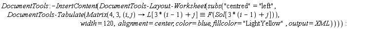 DocumentTools:-InsertContent(DocumentTools:-Layout:-Worksheet(subs("centred" = "left", DocumentTools:-Tabulate(Matrix(4, 3, proc (i, j) options operator, arrow; `&equiv;`(L[3*i-3+j], F(Sol[3*i-3+j])) end proc), width = 120, alignment = center, color = blue, fillcolor = "LightYellow", output = XML))))