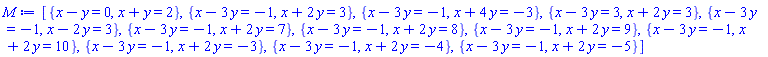 [{x-y = 0, x+y = 2}, {x-3*y = -1, x+2*y = 3}, {x-3*y = -1, x+4*y = -3}, {x-3*y = 3, x+2*y = 3}, {x-3*y = -1, x-2*y = 3}, {x-3*y = -1, x+2*y = 7}, {x-3*y = -1, x+2*y = 8}, {x-3*y = -1, x+2*y = 9}, {x-3*y = -1, x+2*y = 10}, {x-3*y = -1, x+2*y = -3}, {x-3*y = -1, x+2*y = -4}, {x-3*y = -1, x+2*y = -5}]