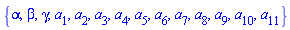 {alpha, beta, gamma, a[1], a[2], a[3], a[4], a[5], a[6], a[7], a[8], a[9], a[10], a[11]}