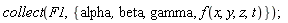collect(F1, {alpha, beta, gamma, f(x, y, z, t)})