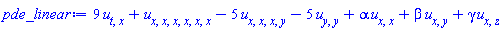 9*(diff(diff(u(x, y, z, t), t), x))+diff(diff(diff(diff(diff(diff(u(x, y, z, t), x), x), x), x), x), x)-5*(diff(diff(diff(diff(u(x, y, z, t), x), x), x), y))-5*(diff(diff(u(x, y, z, t), y), y))+alpha*(diff(diff(u(x, y, z, t), x), x))+beta*(diff(diff(u(x, y, z, t), x), y))+gamma*(diff(diff(u(x, y, z, t), x), z))