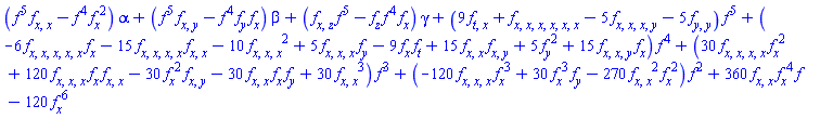 (f(x, y, z, t)^5*(diff(diff(f(x, y, z, t), x), x))-f(x, y, z, t)^4*(diff(f(x, y, z, t), x))^2)*alpha+(f(x, y, z, t)^5*(diff(diff(f(x, y, z, t), x), y))-f(x, y, z, t)^4*(diff(f(x, y, z, t), y))*(diff(f(x, y, z, t), x)))*beta+((diff(diff(f(x, y, z, t), x), z))*f(x, y, z, t)^5-(diff(f(x, y, z, t), z))*f(x, y, z, t)^4*(diff(f(x, y, z, t), x)))*gamma+(9*(diff(diff(f(x, y, z, t), t), x))+diff(diff(diff(diff(diff(diff(f(x, y, z, t), x), x), x), x), x), x)-5*(diff(diff(diff(diff(f(x, y, z, t), x), x), x), y))-5*(diff(diff(f(x, y, z, t), y), y)))*f(x, y, z, t)^5+(-6*(diff(diff(diff(diff(diff(f(x, y, z, t), x), x), x), x), x))*(diff(f(x, y, z, t), x))-15*(diff(diff(diff(diff(f(x, y, z, t), x), x), x), x))*(diff(diff(f(x, y, z, t), x), x))-10*(diff(diff(diff(f(x, y, z, t), x), x), x))^2+5*(diff(diff(diff(f(x, y, z, t), x), x), x))*(diff(f(x, y, z, t), y))-9*(diff(f(x, y, z, t), x))*(diff(f(x, y, z, t), t))+15*(diff(diff(f(x, y, z, t), x), x))*(diff(diff(f(x, y, z, t), x), y))+5*(diff(f(x, y, z, t), y))^2+15*(diff(diff(diff(f(x, y, z, t), x), x), y))*(diff(f(x, y, z, t), x)))*f(x, y, z, t)^4+(30*(diff(diff(diff(diff(f(x, y, z, t), x), x), x), x))*(diff(f(x, y, z, t), x))^2+120*(diff(diff(diff(f(x, y, z, t), x), x), x))*(diff(f(x, y, z, t), x))*(diff(diff(f(x, y, z, t), x), x))-30*(diff(f(x, y, z, t), x))^2*(diff(diff(f(x, y, z, t), x), y))-30*(diff(diff(f(x, y, z, t), x), x))*(diff(f(x, y, z, t), x))*(diff(f(x, y, z, t), y))+30*(diff(diff(f(x, y, z, t), x), x))^3)*f(x, y, z, t)^3+(-120*(diff(diff(diff(f(x, y, z, t), x), x), x))*(diff(f(x, y, z, t), x))^3+30*(diff(f(x, y, z, t), x))^3*(diff(f(x, y, z, t), y))-270*(diff(diff(f(x, y, z, t), x), x))^2*(diff(f(x, y, z, t), x))^2)*f(x, y, z, t)^2+360*(diff(diff(f(x, y, z, t), x), x))*(diff(f(x, y, z, t), x))^4*f(x, y, z, t)-120*(diff(f(x, y, z, t), x))^6