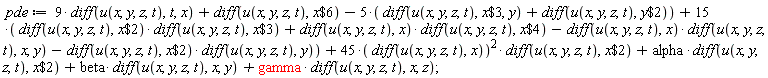 pde := 9*(diff(u(x, y, z, t), t, x))+diff(u(x, y, z, t), `$`(x, 6))-5*(diff(u(x, y, z, t), `$`(x, 3), y)+diff(u(x, y, z, t), `$`(y, 2)))+15*((diff(u(x, y, z, t), `$`(x, 2)))*(diff(u(x, y, z, t), `$`(x, 3)))+(diff(u(x, y, z, t), x))*(diff(u(x, y, z, t), `$`(x, 4)))-(diff(u(x, y, z, t), x))*(diff(u(x, y, z, t), x, y))-(diff(u(x, y, z, t), `$`(x, 2)))*(diff(u(x, y, z, t), y)))+45*(diff(u(x, y, z, t), x))^2*(diff(u(x, y, z, t), `$`(x, 2)))+alpha*(diff(u(x, y, z, t), `$`(x, 2)))+beta*(diff(u(x, y, z, t), x, y))+gamma*(diff(u(x, y, z, t), x, z))