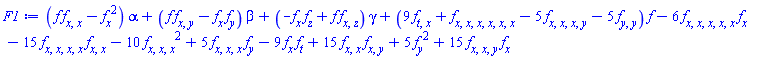 (f(x, y, z, t)*(diff(diff(f(x, y, z, t), x), x))-(diff(f(x, y, z, t), x))^2)*alpha+(f(x, y, z, t)*(diff(diff(f(x, y, z, t), x), y))-(diff(f(x, y, z, t), x))*(diff(f(x, y, z, t), y)))*beta+(-(diff(f(x, y, z, t), x))*(diff(f(x, y, z, t), z))+f(x, y, z, t)*(diff(diff(f(x, y, z, t), x), z)))*gamma+(9*(diff(diff(f(x, y, z, t), t), x))+diff(diff(diff(diff(diff(diff(f(x, y, z, t), x), x), x), x), x), x)-5*(diff(diff(diff(diff(f(x, y, z, t), x), x), x), y))-5*(diff(diff(f(x, y, z, t), y), y)))*f(x, y, z, t)-6*(diff(diff(diff(diff(diff(f(x, y, z, t), x), x), x), x), x))*(diff(f(x, y, z, t), x))-15*(diff(diff(diff(diff(f(x, y, z, t), x), x), x), x))*(diff(diff(f(x, y, z, t), x), x))-10*(diff(diff(diff(f(x, y, z, t), x), x), x))^2+5*(diff(diff(diff(f(x, y, z, t), x), x), x))*(diff(f(x, y, z, t), y))-9*(diff(f(x, y, z, t), x))*(diff(f(x, y, z, t), t))+15*(diff(diff(f(x, y, z, t), x), x))*(diff(diff(f(x, y, z, t), x), y))+5*(diff(f(x, y, z, t), y))^2+15*(diff(diff(diff(f(x, y, z, t), x), x), y))*(diff(f(x, y, z, t), x))