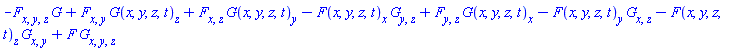 -(diff(diff(diff(F(x, y, z, t), x), y), z))*G(x, y, z, t)+(diff(diff(F(x, y, z, t), x), y))*(diff(G(x, y, z, t), z))+(diff(diff(F(x, y, z, t), x), z))*(diff(G(x, y, z, t), y))-(diff(F(x, y, z, t), x))*(diff(diff(G(x, y, z, t), y), z))+(diff(diff(F(x, y, z, t), y), z))*(diff(G(x, y, z, t), x))-(diff(F(x, y, z, t), y))*(diff(diff(G(x, y, z, t), x), z))-(diff(F(x, y, z, t), z))*(diff(diff(G(x, y, z, t), x), y))+F(x, y, z, t)*(diff(diff(diff(G(x, y, z, t), x), y), z))