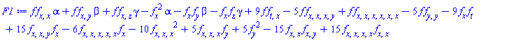 f(x, y, z, t)*(diff(diff(f(x, y, z, t), x), x))*alpha+f(x, y, z, t)*(diff(diff(f(x, y, z, t), x), y))*beta+f(x, y, z, t)*(diff(diff(f(x, y, z, t), x), z))*gamma-(diff(f(x, y, z, t), x))^2*alpha-(diff(f(x, y, z, t), x))*(diff(f(x, y, z, t), y))*beta-(diff(f(x, y, z, t), x))*(diff(f(x, y, z, t), z))*gamma+9*f(x, y, z, t)*(diff(diff(f(x, y, z, t), t), x))-5*f(x, y, z, t)*(diff(diff(diff(diff(f(x, y, z, t), x), x), x), y))+f(x, y, z, t)*(diff(diff(diff(diff(diff(diff(f(x, y, z, t), x), x), x), x), x), x))-5*f(x, y, z, t)*(diff(diff(f(x, y, z, t), y), y))-9*(diff(f(x, y, z, t), x))*(diff(f(x, y, z, t), t))+15*(diff(diff(diff(f(x, y, z, t), x), x), y))*(diff(f(x, y, z, t), x))-6*(diff(diff(diff(diff(diff(f(x, y, z, t), x), x), x), x), x))*(diff(f(x, y, z, t), x))-10*(diff(diff(diff(f(x, y, z, t), x), x), x))^2+5*(diff(diff(diff(f(x, y, z, t), x), x), x))*(diff(f(x, y, z, t), y))+5*(diff(f(x, y, z, t), y))^2-15*(diff(diff(f(x, y, z, t), x), x))*(diff(diff(f(x, y, z, t), x), y))+15*(diff(diff(diff(diff(f(x, y, z, t), x), x), x), x))*(diff(diff(f(x, y, z, t), x), x))