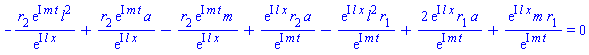 -r[2]*exp(I*m*t)*l^2/exp(I*l*x)+r[2]*exp(I*m*t)*a/exp(I*l*x)-r[2]*exp(I*m*t)*m/exp(I*l*x)+exp(I*l*x)*r[2]*a/exp(I*m*t)-exp(I*l*x)*l^2*r[1]/exp(I*m*t)+2*exp(I*l*x)*r[1]*a/exp(I*m*t)+exp(I*l*x)*m*r[1]/exp(I*m*t) = 0