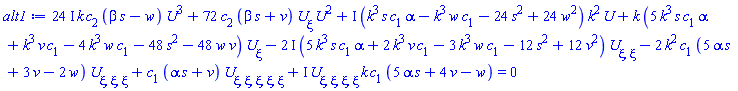 (24*I)*k*c[2]*(beta*s-w)*U(xi)^3+72*c[2]*(beta*s+v)*(diff(U(xi), xi))*U(xi)^2+I*(alpha*k^3*s*c[1]-k^3*w*c[1]-24*s^2+24*w^2)*k^2*U(xi)+k*(5*alpha*k^3*s*c[1]+k^3*v*c[1]-4*k^3*w*c[1]-48*s^2-48*v*w)*(diff(U(xi), xi))-(2*I)*(5*alpha*k^3*s*c[1]+2*k^3*v*c[1]-3*k^3*w*c[1]-12*s^2+12*v^2)*(diff(diff(U(xi), xi), xi))-2*k^2*c[1]*(5*alpha*s+3*v-2*w)*(diff(diff(diff(U(xi), xi), xi), xi))+c[1]*(alpha*s+v)*(diff(diff(diff(diff(diff(U(xi), xi), xi), xi), xi), xi))+I*(diff(diff(diff(diff(U(xi), xi), xi), xi), xi))*k*c[1]*(5*alpha*s+4*v-w) = 0