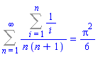 Sum((Sum(1/i, i = 1 .. n))/(n*(n+1)), n = 1 .. infinity) = (1/6)*Pi^2