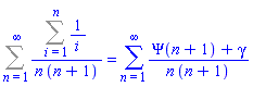 Sum((Sum(1/i, i = 1 .. n))/(n*(n+1)), n = 1 .. infinity) = sum((Psi(n+1)+gamma)/(n*(n+1)), n = 1 .. infinity)