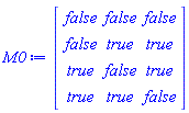 Matrix(4, 3, {(1, 1) = false, (1, 2) = false, (1, 3) = false, (2, 1) = false, (2, 2) = true, (2, 3) = true, (3, 1) = true, (3, 2) = false, (3, 3) = true, (4, 1) = true, (4, 2) = true, (4, 3) = false})