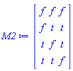 Matrix(4, 3, {(1, 1) = f, (1, 2) = f, (1, 3) = f, (2, 1) = f, (2, 2) = t, (2, 3) = t, (3, 1) = t, (3, 2) = f, (3, 3) = t, (4, 1) = t, (4, 2) = t, (4, 3) = f})