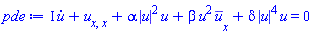 I*(diff(u(x, t), t))+diff(diff(u(x, t), x), x)+alpha*abs(u(x, t))^2*u(x, t)+beta*u(x, t)^2*(diff(conjugate(u(x, t)), x))+delta*abs(u(x, t))^4*u(x, t) = 0