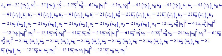 -(2*I)*(diff(u[0](x), x))*u[2]^2-(2*I)*(diff(u[2](x), x))*u[1]^2-(2*I)*(diff(u[4](x), x))*u[0]^2-(2*I)*conjugate(u[2])^2*u[0]^3-(6*I)*u[0]*abs(u[1])^4-(6*I)*u[4]*abs(u[0])^4-(2*I)*conjugate(u[3])*(diff(u[0](x), x))*u[1]-(2*I)*conjugate(u[2])*(diff(u[1](x), x))*u[1]-(2*I)*conjugate(u[1])*(diff(u[2](x), x))*u[1]-(2*I)*conjugate(u[3])*(diff(u[1](x), x))*u[0]-(2*I)*conjugate(u[4])*(diff(u[0](x), x))*u[0]-(2*I)*conjugate(u[2])*(diff(u[2](x), x))*u[0]-(2*I)*conjugate(u[1])*(diff(u[3](x), x))*u[0]-(2*I)*conjugate(u[1])*(diff(u[0](x), x))*u[3]-(2*I)*conjugate(u[2])*(diff(u[0](x), x))*u[2]-(2*I)*conjugate(u[1])*(diff(u[1](x), x))*u[2]-(2*I)*conjugate(u[0])*(diff(u[1](x), x))*u[3]-(2*I)*conjugate(u[0])*(diff(u[0](x), x))*u[4]-(2*I)*conjugate(u[0])*(diff(u[2](x), x))*u[2]-(2*I)*conjugate(u[0])*(diff(u[3](x), x))*u[1]-(2*I)*conjugate(u[0])*(diff(u[4](x), x))*u[0]-(4*I)*(diff(u[0](x), x))*u[0]*u[4]-(4*I)*(diff(u[0](x), x))*u[1]*u[3]-(4*I)*(diff(u[1](x), x))*u[0]*u[3]-(4*I)*(diff(u[1](x), x))*u[1]*u[2]-(4*I)*(diff(u[2](x), x))*u[0]*u[2]-(4*I)*(diff(u[3](x), x))*u[0]*u[1]-(12*I)*conjugate(u[2])*u[0]^2*abs(u[1])^2-(4*I)*conjugate(u[4])*u[0]^2*abs(u[0])^2-(12*I)*u[0]*abs(u[0])^2*abs(u[2])^2-(12*I)*conjugate(u[2])*u[1]^2*abs(u[0])^2-(4*I)*conjugate(u[1])*conjugate(u[3])*u[0]^3-(4*I)*conjugate(u[0])*u[1]^2*abs(u[1])^2-(6*I)*conjugate(u[0])^2*u[1]^2*u[2]-(6*I)*conjugate(u[1])^2*u[0]^2*u[2]-(24*I)*u[2]*abs(u[0])^2*abs(u[1])^2-(6*I)*conjugate(u[0])*u[2]^2*abs(u[0])^2-(12*I)*conjugate(u[0])*u[1]*u[3]*abs(u[0])^2-(12*I)*conjugate(u[3])*u[0]*u[1]*abs(u[0])^2-(12*I)*conjugate(u[1])*u[0]*u[3]*abs(u[0])^2