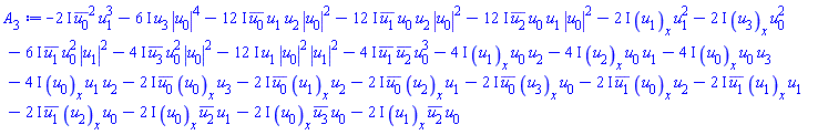 -(2*I)*conjugate(u[0])^2*u[1]^3-(6*I)*u[3]*abs(u[0])^4-(12*I)*conjugate(u[0])*u[1]*u[2]*abs(u[0])^2-(12*I)*conjugate(u[1])*u[0]*u[2]*abs(u[0])^2-(12*I)*conjugate(u[2])*u[0]*u[1]*abs(u[0])^2-(4*I)*(diff(u[1](x), x))*u[0]*u[2]-(4*I)*(diff(u[2](x), x))*u[0]*u[1]-(4*I)*(diff(u[0](x), x))*u[0]*u[3]-(4*I)*(diff(u[0](x), x))*u[1]*u[2]-(2*I)*(diff(u[1](x), x))*u[1]^2-(2*I)*(diff(u[3](x), x))*u[0]^2-(6*I)*conjugate(u[1])*u[0]^2*abs(u[1])^2-(4*I)*conjugate(u[3])*u[0]^2*abs(u[0])^2-(12*I)*u[1]*abs(u[0])^2*abs(u[1])^2-(4*I)*conjugate(u[1])*conjugate(u[2])*u[0]^3-(2*I)*conjugate(u[0])*(diff(u[0](x), x))*u[3]-(2*I)*conjugate(u[0])*(diff(u[1](x), x))*u[2]-(2*I)*conjugate(u[0])*(diff(u[2](x), x))*u[1]-(2*I)*conjugate(u[0])*(diff(u[3](x), x))*u[0]-(2*I)*conjugate(u[1])*(diff(u[0](x), x))*u[2]-(2*I)*conjugate(u[1])*(diff(u[1](x), x))*u[1]-(2*I)*conjugate(u[1])*(diff(u[2](x), x))*u[0]-(2*I)*(diff(u[0](x), x))*conjugate(u[2])*u[1]-(2*I)*(diff(u[0](x), x))*conjugate(u[3])*u[0]-(2*I)*(diff(u[1](x), x))*conjugate(u[2])*u[0]