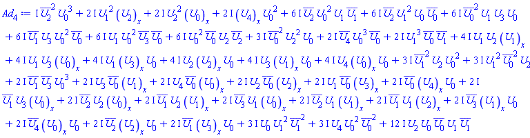 (6*I)*conjugate(U[2](x, t))*U[0](x, t)^2*U[1](x, t)*conjugate(U[1](x, t))+(3*I)*conjugate(U[0](x, t))^2*U[2](x, t)^2*U[0](x, t)+(6*I)*conjugate(U[2](x, t))*U[1](x, t)^2*U[0](x, t)*conjugate(U[0](x, t))+(2*I)*conjugate(U[4](x, t))*U[0](x, t)^3*conjugate(U[0](x, t))+(2*I)*U[1](x, t)^3*conjugate(U[0](x, t))*conjugate(U[1](x, t))+(4*I)*U[1](x, t)*U[2](x, t)*(diff(U[1](x, t), x))+(4*I)*U[1](x, t)*U[3](x, t)*(diff(U[0](x, t), x))+(4*I)*U[1](x, t)*(diff(U[3](x, t), x))*U[0](x, t)+(4*I)*U[2](x, t)*(diff(U[2](x, t), x))*U[0](x, t)+(4*I)*U[3](x, t)*(diff(U[1](x, t), x))*U[0](x, t)+(4*I)*U[4](x, t)*(diff(U[0](x, t), x))*U[0](x, t)+(3*I)*conjugate(U[1](x, t))^2*U[2](x, t)*U[0](x, t)^2+(3*I)*U[1](x, t)^2*conjugate(U[0](x, t))^2*U[2](x, t)+(2*I)*conjugate(U[1](x, t))*conjugate(U[3](x, t))*U[0](x, t)^3+(2*I)*U[3](x, t)*conjugate(U[0](x, t))*(diff(U[1](x, t), x))+(2*I)*U[4](x, t)*conjugate(U[0](x, t))*(diff(U[0](x, t), x))+(2*I)*U[2](x, t)*conjugate(U[0](x, t))*(diff(U[2](x, t), x))+(2*I)*U[1](x, t)*conjugate(U[0](x, t))*(diff(U[3](x, t), x))+(2*I)*conjugate(U[0](x, t))*(diff(U[4](x, t), x))*U[0](x, t)+(2*I)*conjugate(U[1](x, t))*U[3](x, t)*(diff(U[0](x, t), x))+(2*I)*conjugate(U[2](x, t))*U[2](x, t)*(diff(U[0](x, t), x))+(2*I)*conjugate(U[1](x, t))*U[2](x, t)*(diff(U[1](x, t), x))+(2*I)*conjugate(U[3](x, t))*U[1](x, t)*(diff(U[0](x, t), x))+(2*I)*conjugate(U[2](x, t))*U[1](x, t)*(diff(U[1](x, t), x))+(2*I)*conjugate(U[1](x, t))*U[1](x, t)*(diff(U[2](x, t), x))+(2*I)*conjugate(U[3](x, t))*(diff(U[1](x, t), x))*U[0](x, t)+(2*I)*conjugate(U[4](x, t))*(diff(U[0](x, t), x))*U[0](x, t)+(2*I)*conjugate(U[2](x, t))*(diff(U[2](x, t), x))*U[0](x, t)+(2*I)*conjugate(U[1](x, t))*(diff(U[3](x, t), x))*U[0](x, t)+(3*I)*U[0](x, t)*U[1](x, t)^2*conjugate(U[1](x, t))^2+(3*I)*U[4](x, t)*U[0](x, t)^2*conjugate(U[0](x, t))^2+(6*I)*conjugate(U[0](x, t))^2*U[1](x, t)*U[3](x, t)*U[0](x, t)+(6*I)*conjugate(U[1](x, t))*U[3](x, t)*U[0](x, t)^2*conjugate(U[0](x, t))+(6*I)*U[1](x, t)*U[0](x, t)^2*conjugate(U[3](x, t))*conjugate(U[0](x, t))+(6*I)*U[0](x, t)^2*conjugate(U[0](x, t))*U[2](x, t)*conjugate(U[2](x, t))+(12*I)*U[2](x, t)*U[0](x, t)*conjugate(U[0](x, t))*U[1](x, t)*conjugate(U[1](x, t))+I*conjugate(U[2](x, t))^2*U[0](x, t)^3+(2*I)*U[1](x, t)^2*(diff(U[2](x, t), x))+(2*I)*U[2](x, t)^2*(diff(U[0](x, t), x))+(2*I)*(diff(U[4](x, t), x))*U[0](x, t)^2