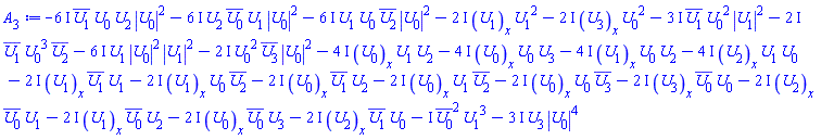 -(2*I)*(diff(U[1](x, t), x))*U[1](x, t)^2-(2*I)*(diff(U[3](x, t), x))*U[0](x, t)^2-(6*I)*conjugate(U[1](x, t))*U[0](x, t)*U[2](x, t)*abs(U[0](x, t))^2-I*conjugate(U[0](x, t))^2*U[1](x, t)^3-(3*I)*U[3](x, t)*abs(U[0](x, t))^4-(6*I)*U[2](x, t)*conjugate(U[0](x, t))*U[1](x, t)*abs(U[0](x, t))^2-(6*I)*U[1](x, t)*U[0](x, t)*conjugate(U[2](x, t))*abs(U[0](x, t))^2-(3*I)*conjugate(U[1](x, t))*U[0](x, t)^2*abs(U[1](x, t))^2-(2*I)*conjugate(U[1](x, t))*U[0](x, t)^3*conjugate(U[2](x, t))-(6*I)*U[1](x, t)*abs(U[0](x, t))^2*abs(U[1](x, t))^2-(2*I)*U[0](x, t)^2*conjugate(U[3](x, t))*abs(U[0](x, t))^2-(4*I)*(diff(U[0](x, t), x))*U[1](x, t)*U[2](x, t)-(4*I)*(diff(U[0](x, t), x))*U[0](x, t)*U[3](x, t)-(4*I)*(diff(U[1](x, t), x))*U[0](x, t)*U[2](x, t)-(4*I)*(diff(U[2](x, t), x))*U[1](x, t)*U[0](x, t)-(2*I)*(diff(U[1](x, t), x))*conjugate(U[1](x, t))*U[1](x, t)-(2*I)*(diff(U[1](x, t), x))*U[0](x, t)*conjugate(U[2](x, t))-(2*I)*(diff(U[0](x, t), x))*conjugate(U[1](x, t))*U[2](x, t)-(2*I)*(diff(U[0](x, t), x))*U[1](x, t)*conjugate(U[2](x, t))-(2*I)*(diff(U[0](x, t), x))*U[0](x, t)*conjugate(U[3](x, t))-(2*I)*(diff(U[3](x, t), x))*conjugate(U[0](x, t))*U[0](x, t)-(2*I)*(diff(U[2](x, t), x))*conjugate(U[0](x, t))*U[1](x, t)-(2*I)*(diff(U[1](x, t), x))*conjugate(U[0](x, t))*U[2](x, t)-(2*I)*(diff(U[0](x, t), x))*conjugate(U[0](x, t))*U[3](x, t)-(2*I)*(diff(U[2](x, t), x))*conjugate(U[1](x, t))*U[0](x, t)