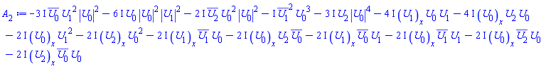 -(3*I)*conjugate(U[0](x, t))*U[1](x, t)^2*abs(U[0](x, t))^2-(6*I)*U[0](x, t)*abs(U[0](x, t))^2*abs(U[1](x, t))^2-(2*I)*conjugate(U[2](x, t))*U[0](x, t)^2*abs(U[0](x, t))^2-I*conjugate(U[1](x, t))^2*U[0](x, t)^3-(3*I)*U[2](x, t)*abs(U[0](x, t))^4-(4*I)*(diff(U[1](x, t), x))*U[0](x, t)*U[1](x, t)-(4*I)*(diff(U[0](x, t), x))*U[2](x, t)*U[0](x, t)-(2*I)*(diff(U[0](x, t), x))*U[1](x, t)^2-(2*I)*(diff(U[2](x, t), x))*U[0](x, t)^2-(2*I)*(diff(U[1](x, t), x))*conjugate(U[1](x, t))*U[0](x, t)-(2*I)*(diff(U[0](x, t), x))*U[2](x, t)*conjugate(U[0](x, t))-(2*I)*(diff(U[1](x, t), x))*conjugate(U[0](x, t))*U[1](x, t)-(2*I)*(diff(U[0](x, t), x))*conjugate(U[1](x, t))*U[1](x, t)-(2*I)*(diff(U[0](x, t), x))*conjugate(U[2](x, t))*U[0](x, t)-(2*I)*(diff(U[2](x, t), x))*conjugate(U[0](x, t))*U[0](x, t)