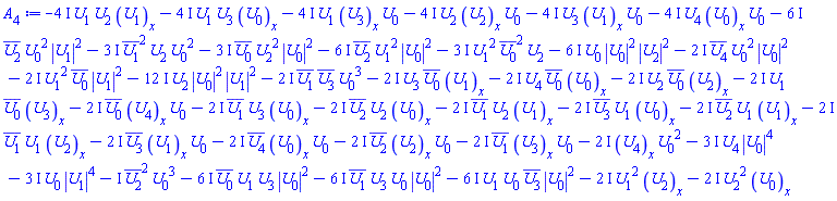 -I*conjugate(U[2](x, t))^2*U[0](x, t)^3-(3*I)*U[0](x, t)*abs(U[1](x, t))^4-(3*I)*U[4](x, t)*abs(U[0](x, t))^4-(4*I)*U[1](x, t)*U[2](x, t)*(diff(U[1](x, t), x))-(4*I)*U[1](x, t)*U[3](x, t)*(diff(U[0](x, t), x))-(4*I)*U[1](x, t)*(diff(U[3](x, t), x))*U[0](x, t)-(4*I)*U[2](x, t)*(diff(U[2](x, t), x))*U[0](x, t)-(4*I)*U[3](x, t)*(diff(U[1](x, t), x))*U[0](x, t)-(4*I)*U[4](x, t)*(diff(U[0](x, t), x))*U[0](x, t)-(2*I)*U[1](x, t)^2*(diff(U[2](x, t), x))-(2*I)*U[2](x, t)^2*(diff(U[0](x, t), x))-(2*I)*(diff(U[4](x, t), x))*U[0](x, t)^2-(6*I)*conjugate(U[0](x, t))*U[1](x, t)*U[3](x, t)*abs(U[0](x, t))^2-(6*I)*conjugate(U[2](x, t))*U[0](x, t)^2*abs(U[1](x, t))^2-(3*I)*conjugate(U[1](x, t))^2*U[2](x, t)*U[0](x, t)^2-(3*I)*conjugate(U[0](x, t))*U[2](x, t)^2*abs(U[0](x, t))^2-(6*I)*conjugate(U[2](x, t))*U[1](x, t)^2*abs(U[0](x, t))^2-(3*I)*U[1](x, t)^2*conjugate(U[0](x, t))^2*U[2](x, t)-(6*I)*U[0](x, t)*abs(U[0](x, t))^2*abs(U[2](x, t))^2-(2*I)*conjugate(U[4](x, t))*U[0](x, t)^2*abs(U[0](x, t))^2-(2*I)*U[1](x, t)^2*conjugate(U[0](x, t))*abs(U[1](x, t))^2-(12*I)*U[2](x, t)*abs(U[0](x, t))^2*abs(U[1](x, t))^2-(2*I)*conjugate(U[1](x, t))*conjugate(U[3](x, t))*U[0](x, t)^3-(2*I)*U[3](x, t)*conjugate(U[0](x, t))*(diff(U[1](x, t), x))-(2*I)*U[4](x, t)*conjugate(U[0](x, t))*(diff(U[0](x, t), x))-(2*I)*U[2](x, t)*conjugate(U[0](x, t))*(diff(U[2](x, t), x))-(2*I)*U[1](x, t)*conjugate(U[0](x, t))*(diff(U[3](x, t), x))-(2*I)*conjugate(U[0](x, t))*(diff(U[4](x, t), x))*U[0](x, t)-(2*I)*conjugate(U[1](x, t))*U[3](x, t)*(diff(U[0](x, t), x))-(2*I)*conjugate(U[2](x, t))*U[2](x, t)*(diff(U[0](x, t), x))-(2*I)*conjugate(U[1](x, t))*U[2](x, t)*(diff(U[1](x, t), x))-(2*I)*conjugate(U[3](x, t))*U[1](x, t)*(diff(U[0](x, t), x))-(2*I)*conjugate(U[2](x, t))*U[1](x, t)*(diff(U[1](x, t), x))-(2*I)*conjugate(U[1](x, t))*U[1](x, t)*(diff(U[2](x, t), x))-(2*I)*conjugate(U[3](x, t))*(diff(U[1](x, t), x))*U[0](x, t)-(2*I)*conjugate(U[4](x, t))*(diff(U[0](x, t), x))*U[0](x, t)-(2*I)*conjugate(U[2](x, t))*(diff(U[2](x, t), x))*U[0](x, t)-(2*I)*conjugate(U[1](x, t))*(diff(U[3](x, t), x))*U[0](x, t)-(6*I)*conjugate(U[1](x, t))*U[3](x, t)*U[0](x, t)*abs(U[0](x, t))^2-(6*I)*U[1](x, t)*U[0](x, t)*conjugate(U[3](x, t))*abs(U[0](x, t))^2