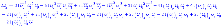 (3*I)*conjugate(U[0](x, t))^2*U[1](x, t)^2*U[0](x, t)+(6*I)*U[0](x, t)^2*conjugate(U[0](x, t))*U[1](x, t)*conjugate(U[1](x, t))+(2*I)*conjugate(U[2](x, t))*U[0](x, t)^3*conjugate(U[0](x, t))+I*conjugate(U[1](x, t))^2*U[0](x, t)^3+(3*I)*U[2](x, t)*U[0](x, t)^2*conjugate(U[0](x, t))^2+(4*I)*(diff(U[1](x, t), x))*U[0](x, t)*U[1](x, t)+(4*I)*(diff(U[0](x, t), x))*U[2](x, t)*U[0](x, t)+(2*I)*(diff(U[0](x, t), x))*U[1](x, t)^2+(2*I)*(diff(U[2](x, t), x))*U[0](x, t)^2+(2*I)*(diff(U[1](x, t), x))*conjugate(U[1](x, t))*U[0](x, t)+(2*I)*(diff(U[0](x, t), x))*U[2](x, t)*conjugate(U[0](x, t))+(2*I)*(diff(U[1](x, t), x))*conjugate(U[0](x, t))*U[1](x, t)+(2*I)*(diff(U[0](x, t), x))*conjugate(U[1](x, t))*U[1](x, t)+(2*I)*(diff(U[0](x, t), x))*conjugate(U[2](x, t))*U[0](x, t)+(2*I)*(diff(U[2](x, t), x))*conjugate(U[0](x, t))*U[0](x, t)