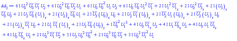 (6*I)*U[0](x, t)^2*conjugate(U[0](x, t))*conjugate(U[1](x, t))*U[2](x, t)+(6*I)*U[0](x, t)^2*conjugate(U[0](x, t))*conjugate(U[2](x, t))*U[1](x, t)+(6*I)*U[0](x, t)*conjugate(U[0](x, t))^2*U[1](x, t)*U[2](x, t)+(6*I)*U[0](x, t)*conjugate(U[0](x, t))*U[1](x, t)^2*conjugate(U[1](x, t))+(2*I)*U[3](x, t)*conjugate(U[0](x, t))*(diff(U[0](x, t), x))+(2*I)*(diff(U[3](x, t), x))*conjugate(U[0](x, t))*U[0](x, t)+(2*I)*U[2](x, t)*conjugate(U[0](x, t))*(diff(U[1](x, t), x))+(2*I)*(diff(U[2](x, t), x))*conjugate(U[0](x, t))*U[1](x, t)+(2*I)*conjugate(U[3](x, t))*(diff(U[0](x, t), x))*U[0](x, t)+(2*I)*U[2](x, t)*conjugate(U[1](x, t))*(diff(U[0](x, t), x))+(2*I)*conjugate(U[2](x, t))*U[1](x, t)*(diff(U[0](x, t), x))+(2*I)*conjugate(U[2](x, t))*(diff(U[1](x, t), x))*U[0](x, t)+(2*I)*(diff(U[2](x, t), x))*conjugate(U[1](x, t))*U[0](x, t)+(2*I)*U[1](x, t)*conjugate(U[1](x, t))*(diff(U[1](x, t), x))+(2*I)*U[0](x, t)^2*(diff(conjugate(U[3](x, t)), x))+(2*I)*U[1](x, t)^2*(diff(conjugate(U[1](x, t)), x))+(4*I)*U[0](x, t)*(diff(conjugate(U[1](x, t)), x))*U[2](x, t)+(4*I)*U[1](x, t)*(diff(conjugate(U[0](x, t)), x))*U[2](x, t)+(4*I)*U[0](x, t)*U[1](x, t)*(diff(conjugate(U[2](x, t)), x))+(4*I)*U[0](x, t)*(diff(conjugate(U[0](x, t)), x))*U[3](x, t)+(2*I)*U[0](x, t)^3*conjugate(U[1](x, t))*conjugate(U[2](x, t))+I*conjugate(U[0](x, t))^2*U[1](x, t)^3+(3*I)*U[3](x, t)*U[0](x, t)^2*conjugate(U[0](x, t))^2+(2*I)*U[0](x, t)^3*conjugate(U[0](x, t))*conjugate(U[3](x, t))+(3*I)*U[0](x, t)^2*conjugate(U[1](x, t))^2*U[1](x, t)