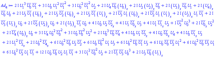 (2*I)*U[1](x, t)^3*conjugate(U[0](x, t))*conjugate(U[1](x, t))+(3*I)*U[0](x, t)*U[1](x, t)^2*conjugate(U[1](x, t))^2+(3*I)*U[0](x, t)^2*conjugate(U[1](x, t))^2*U[2](x, t)+(2*I)*U[0](x, t)^2*(diff(conjugate(U[4](x, t)), x))+(2*I)*U[1](x, t)^2*(diff(conjugate(U[2](x, t)), x))+(2*I)*(diff(conjugate(U[0](x, t)), x))*U[2](x, t)^2+(3*I)*U[1](x, t)^2*conjugate(U[0](x, t))^2*U[2](x, t)+(2*I)*conjugate(U[1](x, t))*conjugate(U[3](x, t))*U[0](x, t)^3+I*conjugate(U[2](x, t))^2*U[0](x, t)^3+(6*I)*U[0](x, t)^2*conjugate(U[0](x, t))*U[2](x, t)*conjugate(U[2](x, t))+(6*I)*U[0](x, t)*conjugate(U[0](x, t))^2*U[1](x, t)*U[3](x, t)+(6*I)*U[0](x, t)^2*conjugate(U[0](x, t))*conjugate(U[1](x, t))*U[3](x, t)+(6*I)*U[0](x, t)*conjugate(U[0](x, t))*conjugate(U[2](x, t))*U[1](x, t)^2+(6*I)*U[0](x, t)^2*conjugate(U[0](x, t))*conjugate(U[3](x, t))*U[1](x, t)+(6*I)*U[0](x, t)^2*conjugate(U[2](x, t))*U[1](x, t)*conjugate(U[1](x, t))+(2*I)*U[3](x, t)*conjugate(U[0](x, t))*(diff(U[1](x, t), x))+(2*I)*U[4](x, t)*conjugate(U[0](x, t))*(diff(U[0](x, t), x))+(2*I)*U[2](x, t)*(diff(U[2](x, t), x))*conjugate(U[0](x, t))+(2*I)*(diff(U[3](x, t), x))*conjugate(U[0](x, t))*U[1](x, t)+(2*I)*(diff(U[4](x, t), x))*conjugate(U[0](x, t))*U[0](x, t)+(2*I)*U[3](x, t)*conjugate(U[1](x, t))*(diff(U[0](x, t), x))+(2*I)*U[2](x, t)*conjugate(U[2](x, t))*(diff(U[0](x, t), x))+(2*I)*U[2](x, t)*conjugate(U[1](x, t))*(diff(U[1](x, t), x))+(2*I)*conjugate(U[3](x, t))*U[1](x, t)*(diff(U[0](x, t), x))+(2*I)*conjugate(U[2](x, t))*U[1](x, t)*(diff(U[1](x, t), x))+(2*I)*(diff(U[2](x, t), x))*U[1](x, t)*conjugate(U[1](x, t))+(2*I)*conjugate(U[3](x, t))*(diff(U[1](x, t), x))*U[0](x, t)+(2*I)*conjugate(U[2](x, t))*(diff(U[2](x, t), x))*U[0](x, t)+(2*I)*(diff(U[3](x, t), x))*conjugate(U[1](x, t))*U[0](x, t)+(2*I)*conjugate(U[4](x, t))*(diff(U[0](x, t), x))*U[0](x, t)+(3*I)*U[4](x, t)*U[0](x, t)^2*conjugate(U[0](x, t))^2+(3*I)*U[0](x, t)*conjugate(U[0](x, t))^2*U[2](x, t)^2+(2*I)*U[0](x, t)^3*conjugate(U[0](x, t))*conjugate(U[4](x, t))+(4*I)*U[0](x, t)*U[1](x, t)*(diff(conjugate(U[3](x, t)), x))+(4*I)*U[0](x, t)*(diff(conjugate(U[0](x, t)), x))*U[4](x, t)+(4*I)*U[0](x, t)*(diff(conjugate(U[1](x, t)), x))*U[3](x, t)+(4*I)*U[0](x, t)*U[2](x, t)*(diff(conjugate(U[2](x, t)), x))+(4*I)*U[1](x, t)*(diff(conjugate(U[0](x, t)), x))*U[3](x, t)+(4*I)*U[1](x, t)*(diff(conjugate(U[1](x, t)), x))*U[2](x, t)+(12*I)*U[0](x, t)*conjugate(U[0](x, t))*U[2](x, t)*U[1](x, t)*conjugate(U[1](x, t))