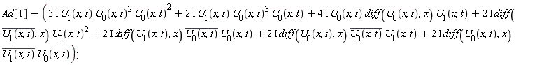 Ad[1]-(3*I)*U[1](x, t)*U[0](x, t)^2*conjugate(U[0](x, t))^2-(2*I)*U[1](x, t)*U[0](x, t)^3*conjugate(U[0](x, t))-(4*I)*U[0](x, t)*(diff(conjugate(U[0](x, t)), x))*U[1](x, t)-(2*I)*(diff(conjugate(U[1](x, t)), x))*U[0](x, t)^2-(2*I)*(diff(U[1](x, t), x))*conjugate(U[0](x, t))*U[0](x, t)-(2*I)*(diff(U[0](x, t), x))*conjugate(U[0](x, t))*U[1](x, t)-(2*I)*(diff(U[0](x, t), x))*conjugate(U[1](x, t))*U[0](x, t)