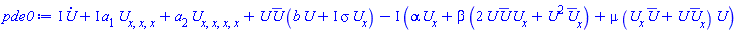 I*(diff(U(x, t), t))+I*a[1]*(diff(diff(diff(U(x, t), x), x), x))+a[2]*(diff(diff(diff(diff(U(x, t), x), x), x), x))+U(x, t)*conjugate(U(x, t))*(b*U(x, t)+I*sigma*(diff(U(x, t), x)))-I*(alpha*(diff(U(x, t), x))+beta*(2*U(x, t)*conjugate(U(x, t))*(diff(U(x, t), x))+U(x, t)^2*(diff(conjugate(U(x, t)), x)))+mu*((diff(U(x, t), x))*conjugate(U(x, t))+U(x, t)*(diff(conjugate(U(x, t)), x)))*U(x, t))