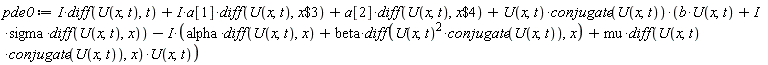 pde0 := I*(diff(U(x, t), t))+I*a[1]*(diff(U(x, t), `$`(x, 3)))+a[2]*(diff(U(x, t), `$`(x, 4)))+U(x, t)*conjugate(U(x, t))*(b*U(x, t)+I*sigma*(diff(U(x, t), x)))-I*(alpha*(diff(U(x, t), x))+beta*(diff(U(x, t)^2*conjugate(U(x, t)), x))+mu*(diff(U(x, t)*conjugate(U(x, t)), x))*U(x, t))