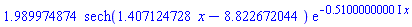1.989974874*sech(1.407124728*x-8.822672044)*exp(-(.5100000000*I)*x)