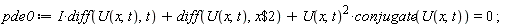 pde0 := I*(diff(U(x, t), t))+diff(U(x, t), `$`(x, 2))+U(x, t)^2*conjugate(U(x, t)) = 0