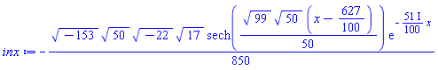 -(1/850)*(-153)^(1/2)*50^(1/2)*(-22)^(1/2)*17^(1/2)*sech((1/50)*99^(1/2)*50^(1/2)*(x-627/100))*exp(-((51/100)*I)*x)