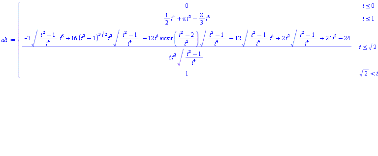 piecewise(t <= 0, 0, t <= 1, (1/2)*t^4+Pi*t^2-(8/3)*t^3, t <= 2^(1/2), (1/6)*(-3*((t^2-1)/t^4)^(1/2)*t^6+16*(t^2-1)^(3/2)*t^2*((t^2-1)/t^4)^(1/2)-12*t^4*arcsin((t^2-2)/t^2)*((t^2-1)/t^4)^(1/2)-12*((t^2-1)/t^4)^(1/2)*t^4+2*t^2*((t^2-1)/t^4)^(1/2)+24*t^2-24)/(t^2*((t^2-1)/t^4)^(1/2)), 2^(1/2) < t, 1)
