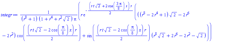 r*exp(-(1/2)*(r*t*2^(1/2)+2*cos((3/8)*Pi)*x)*r)*(((r^8-2*r^4+1)*2^(1/2)-2*r^6-2*r^2)*cos((1/2)*(r*t*2^(1/2)-2*cos((1/8)*Pi)*x)*r)+sin((1/2)*(r*t*2^(1/2)-2*cos((1/8)*Pi)*x)*r)*(r^8*2^(1/2)+2*r^6-2*r^2-2^(1/2)))/((r^8+1)*(1+r^4+r^2*2^(1/2))*Pi)