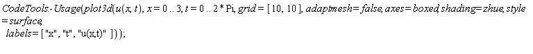 CodeTools:-Usage(plot3d(u(x, t), x = 0 .. 3, t = 0 .. 2*Pi, grid = [10, 10], adaptmesh = false, axes = boxed, shading = zhue, style = surface, labels = ["x", "t", "u(x,t)"]))