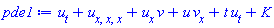 diff(u(x, y, t), t)+diff(diff(diff(u(x, y, t), x), x), x)+(diff(u(x, y, t), x))*v(x, y, t)+u(x, y, t)*(diff(v(x, y, t), x))+t*(diff(u(x, y, t), t))+K