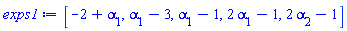 [-2+alpha[1], alpha[1]-3, alpha[1]-1, 2*alpha[1]-1, 2*alpha[2]-1]