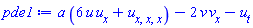 a*(6*u(x, t)*(diff(u(x, t), x))+diff(diff(diff(u(x, t), x), x), x))-2*v(x, t)*(diff(v(x, t), x))-(diff(u(x, t), t))