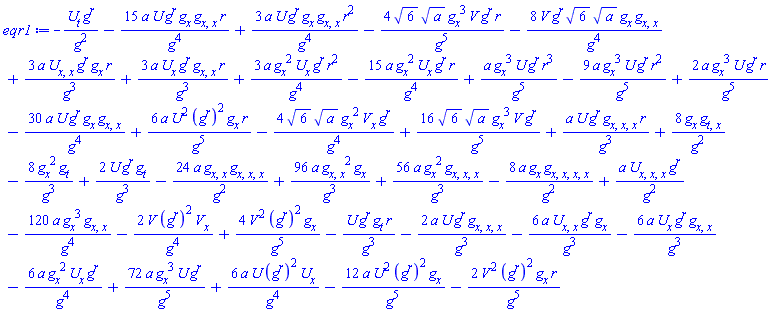 8*(diff(g(x, t), x))*(diff(diff(g(x, t), t), x))/g(x, t)^2-8*(diff(g(x, t), x))^2*(diff(g(x, t), t))/g(x, t)^3-15*a*U(x, t)*g(x, t)^r*(diff(g(x, t), x))*(diff(diff(g(x, t), x), x))*r/g(x, t)^4+3*a*U(x, t)*g(x, t)^r*(diff(g(x, t), x))*(diff(diff(g(x, t), x), x))*r^2/g(x, t)^4-4*6^(1/2)*a^(1/2)*(diff(g(x, t), x))^3*V(x, t)*g(x, t)^r*r/g(x, t)^5-8*V(x, t)*g(x, t)^r*6^(1/2)*a^(1/2)*(diff(g(x, t), x))*(diff(diff(g(x, t), x), x))/g(x, t)^4+a*U(x, t)*g(x, t)^r*(diff(diff(diff(g(x, t), x), x), x))*r/g(x, t)^3+3*a*(diff(diff(U(x, t), x), x))*g(x, t)^r*(diff(g(x, t), x))*r/g(x, t)^3+3*a*(diff(U(x, t), x))*g(x, t)^r*(diff(diff(g(x, t), x), x))*r/g(x, t)^3+3*a*(diff(g(x, t), x))^2*(diff(U(x, t), x))*g(x, t)^r*r^2/g(x, t)^4-15*a*(diff(g(x, t), x))^2*(diff(U(x, t), x))*g(x, t)^r*r/g(x, t)^4+a*(diff(g(x, t), x))^3*U(x, t)*g(x, t)^r*r^3/g(x, t)^5-9*a*(diff(g(x, t), x))^3*U(x, t)*g(x, t)^r*r^2/g(x, t)^5+2*a*(diff(g(x, t), x))^3*U(x, t)*g(x, t)^r*r/g(x, t)^5-30*a*U(x, t)*g(x, t)^r*(diff(g(x, t), x))*(diff(diff(g(x, t), x), x))/g(x, t)^4+6*a*U(x, t)^2*(g(x, t)^r)^2*(diff(g(x, t), x))*r/g(x, t)^5-4*6^(1/2)*a^(1/2)*(diff(g(x, t), x))^2*(diff(V(x, t), x))*g(x, t)^r/g(x, t)^4+16*6^(1/2)*a^(1/2)*(diff(g(x, t), x))^3*V(x, t)*g(x, t)^r/g(x, t)^5+2*U(x, t)*g(x, t)^r*(diff(g(x, t), t))/g(x, t)^3-(diff(U(x, t), t))*g(x, t)^r/g(x, t)^2-24*a*(diff(diff(g(x, t), x), x))*(diff(diff(diff(g(x, t), x), x), x))/g(x, t)^2+96*a*(diff(diff(g(x, t), x), x))^2*(diff(g(x, t), x))/g(x, t)^3+56*a*(diff(g(x, t), x))^2*(diff(diff(diff(g(x, t), x), x), x))/g(x, t)^3-8*a*(diff(g(x, t), x))*(diff(diff(diff(diff(g(x, t), x), x), x), x))/g(x, t)^2+a*(diff(diff(diff(U(x, t), x), x), x))*g(x, t)^r/g(x, t)^2-120*a*(diff(g(x, t), x))^3*(diff(diff(g(x, t), x), x))/g(x, t)^4-2*V(x, t)*(g(x, t)^r)^2*(diff(V(x, t), x))/g(x, t)^4+4*V(x, t)^2*(g(x, t)^r)^2*(diff(g(x, t), x))/g(x, t)^5-U(x, t)*g(x, t)^r*(diff(g(x, t), t))*r/g(x, t)^3-2*a*U(x, t)*g(x, t)^r*(diff(diff(diff(g(x, t), x), x), x))/g(x, t)^3-6*a*(diff(diff(U(x, t), x), x))*g(x, t)^r*(diff(g(x, t), x))/g(x, t)^3-6*a*(diff(U(x, t), x))*g(x, t)^r*(diff(diff(g(x, t), x), x))/g(x, t)^3-6*a*(diff(g(x, t), x))^2*(diff(U(x, t), x))*g(x, t)^r/g(x, t)^4+72*a*(diff(g(x, t), x))^3*U(x, t)*g(x, t)^r/g(x, t)^5+6*a*U(x, t)*(g(x, t)^r)^2*(diff(U(x, t), x))/g(x, t)^4-12*a*U(x, t)^2*(g(x, t)^r)^2*(diff(g(x, t), x))/g(x, t)^5-2*V(x, t)^2*(g(x, t)^r)^2*(diff(g(x, t), x))*r/g(x, t)^5