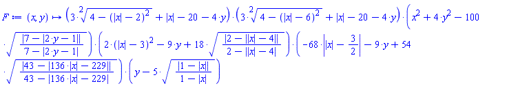 proc (x, y) options operator, arrow; (3*surd(4-(abs(x)-2)^2, 2)+abs(x)-20-4*y)*(3*surd(4-(abs(x)-6)^2, 2)+abs(x)-20-4*y)*(x^2+4*y^2-100*sqrt(abs(7-abs(2*y-1))/(7-abs(2*y-1))))*(2*(abs(x)-3)^2-9*y+18*sqrt(abs(2-abs(abs(x)-4))/(2-abs(abs(x)-4))))*(-68*abs(abs(x)-3/2)-9*y+54*sqrt(abs(43-abs(136*abs(x)-229))/(43-abs(136*abs(x)-229))))*(y-5*sqrt(abs(1-abs(x))/(1-abs(x)))) end proc
