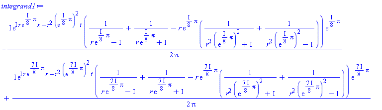 -((1/2)*I)*exp(I*r*exp(((1/8)*I)*Pi)*x-r^2*(exp(((1/8)*I)*Pi))^2*t)*(1/(r*exp(((1/8)*I)*Pi)-I)+1/(r*exp(((1/8)*I)*Pi)+I)-r*exp(((1/8)*I)*Pi)*(1/(r^2*(exp(((1/8)*I)*Pi))^2+I)+1/(r^2*(exp(((1/8)*I)*Pi))^2-I)))*exp(((1/8)*I)*Pi)/Pi+((1/2)*I)*exp(I*r*exp(((7/8)*I)*Pi)*x-r^2*(exp(((7/8)*I)*Pi))^2*t)*(1/(r*exp(((7/8)*I)*Pi)-I)+1/(r*exp(((7/8)*I)*Pi)+I)-r*exp(((7/8)*I)*Pi)*(1/(r^2*(exp(((7/8)*I)*Pi))^2+I)+1/(r^2*(exp(((7/8)*I)*Pi))^2-I)))*exp(((7/8)*I)*Pi)/Pi
