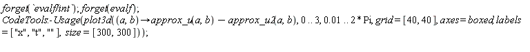 forget(`evalf/int`); forget(evalf); CodeTools:-Usage(plot3d(proc (a, b) options operator, arrow; approx_u(a, b)-approx_u2(a, b) end proc, 0 .. 3, 0.1e-1 .. 2*Pi, grid = [40, 40], axes = boxed, labels = ["x", "t", ""], size = [300, 300]))
