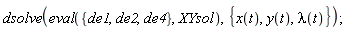 dsolve(eval({de1, de2, de4}, XYsol), {lambda(t), x(t), y(t)})