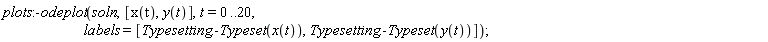 plots:-odeplot(soln, [x(t), y(t)], t = 0 .. 20, labels = [Typesetting:-Typeset(x(t)), Typesetting:-Typeset(y(t))])