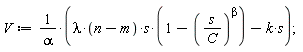 V := (lambda*(n-m)*s*(1-(s/C)^beta)-k*s)/alpha;
