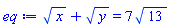 x^(1/2)+y^(1/2) = 7*13^(1/2)