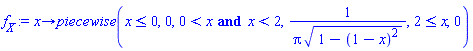 proc (x) options operator, arrow; piecewise(x <= 0, 0, 0 < x and x < 2, 1/(Pi*sqrt(1-(1-x)^2)), 2 <= x, 0) end proc