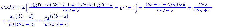 alpha*((((g*i2-c)*Cr-c+w+Ce)*d+g*i2-c)/(Cr*d+2)-g*i2+c)-(Pr-w-Crm)*alpha*d/(Cr*d+2)+Ce*d/(Cr*d+2)+mu[1]*(d*delta-d)/(rho0*(Cr*d+2))-mu[2]*(d*delta-d)/(upsilon*(Cr*d+2))